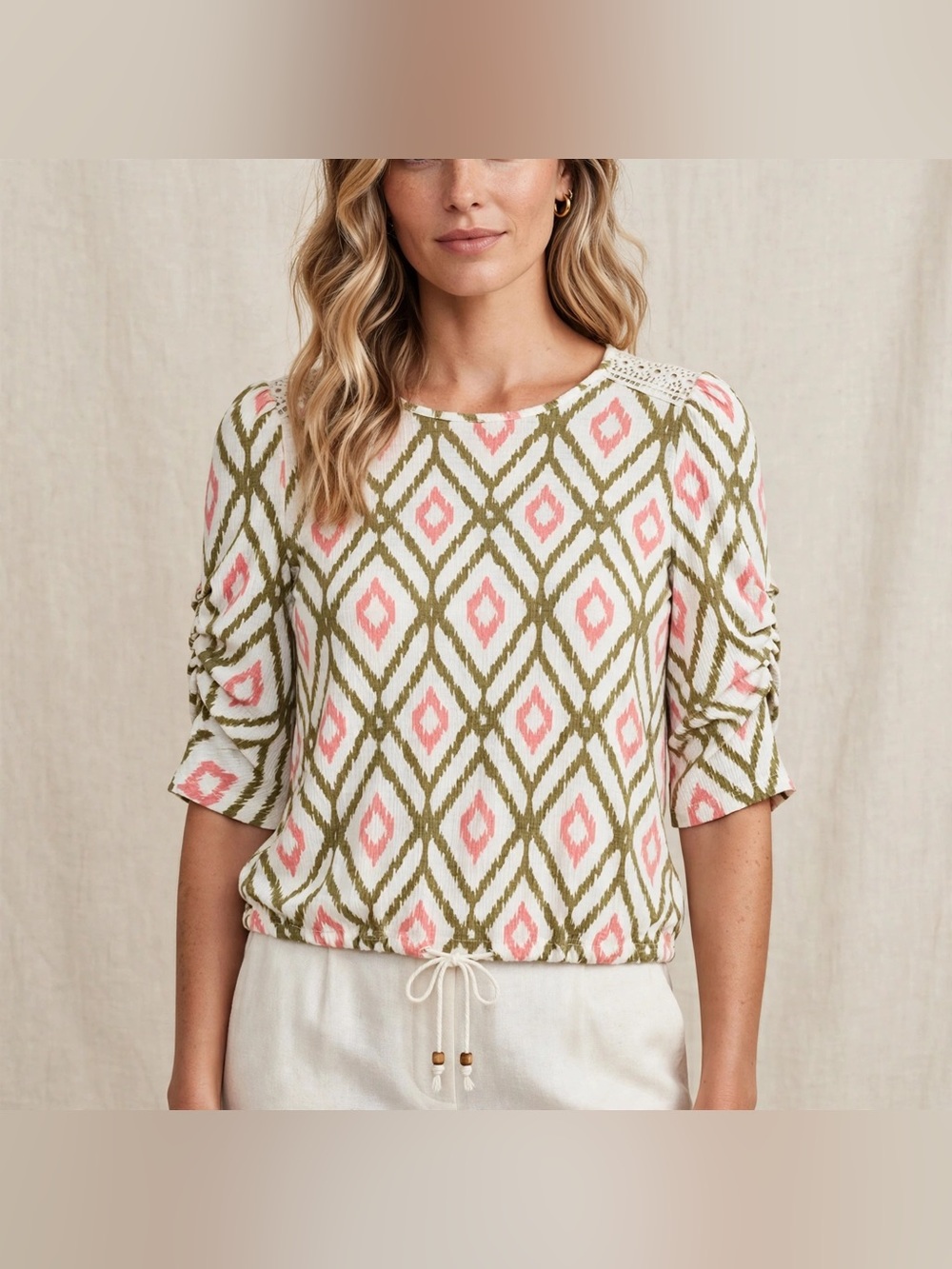 Fred David Cream Green Pink Geometric Print Lace Trim Drawstring Blouse Size M